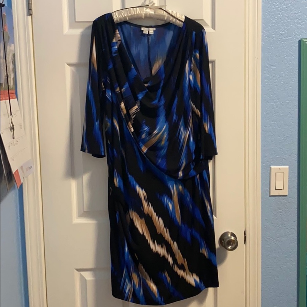 Blue and black ruffled neckline dress